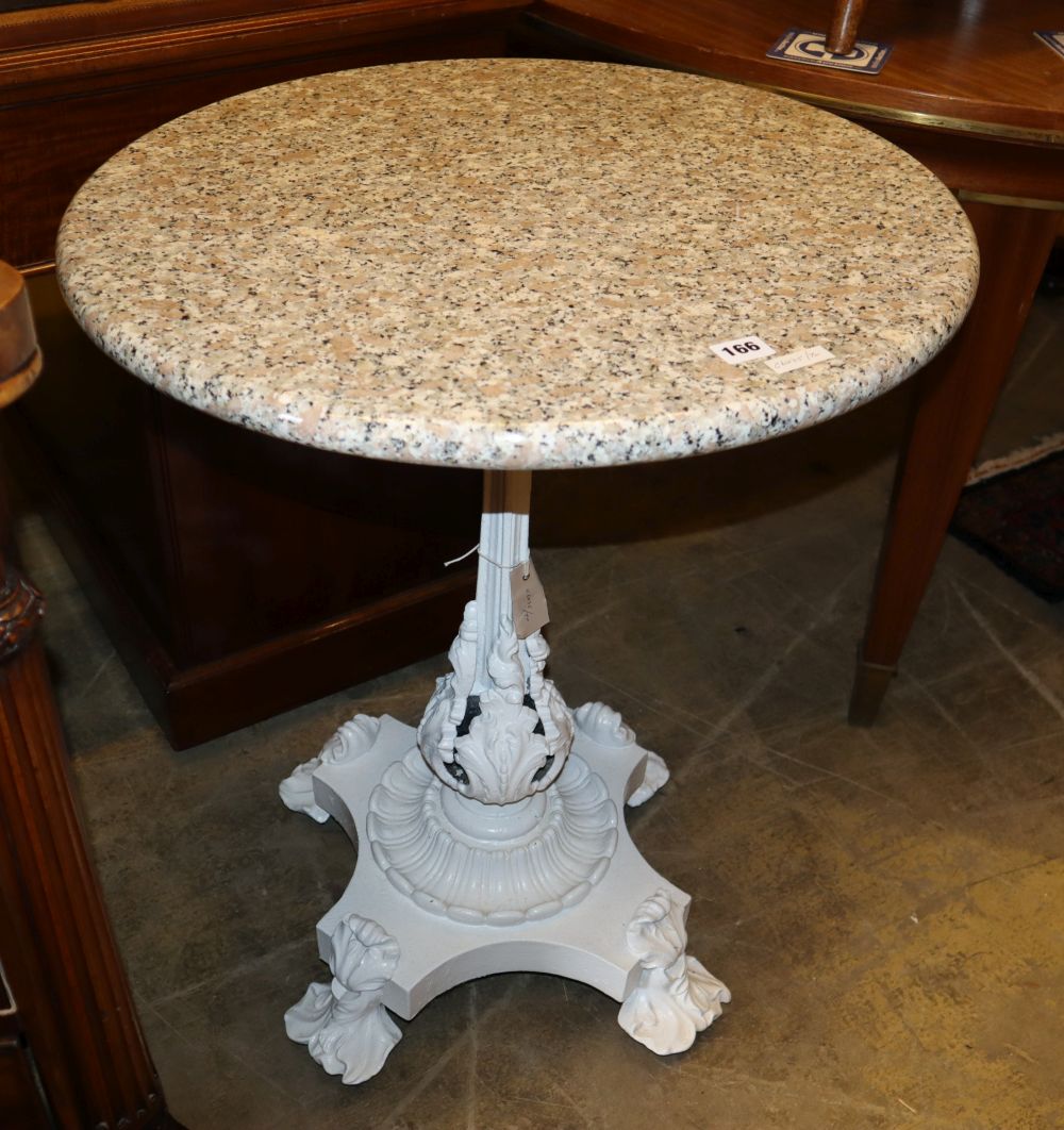 A Victorian cast iron circular marble top occasional table, 60cm diameter, H.74cm